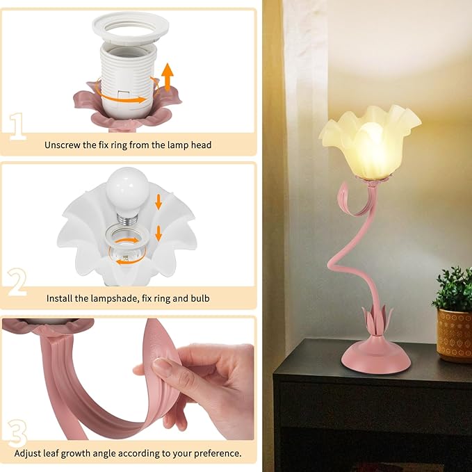 Cute Flower Desk Lamp, 3 Color Temperature Table Lamps with LED Bulb, Vintage Bedside Lamp, Reading Lamps with Soft Light for Bedroom, Living Room(Pink)