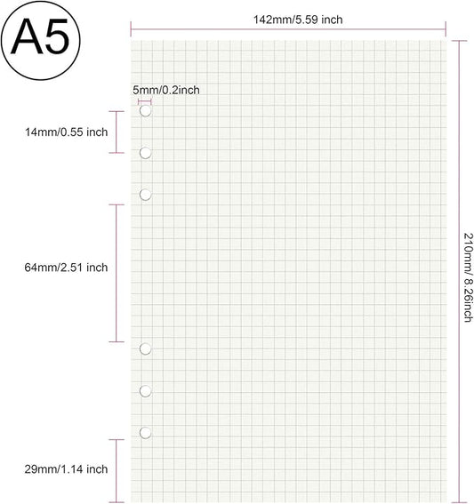 135 Sheets Planner Refill Paper 5mm Squared Inserts Paper A5 6 Holes Binder Grid Notepaper for Filofax Bullet Journals Diary (8.26x5.59 Inch)