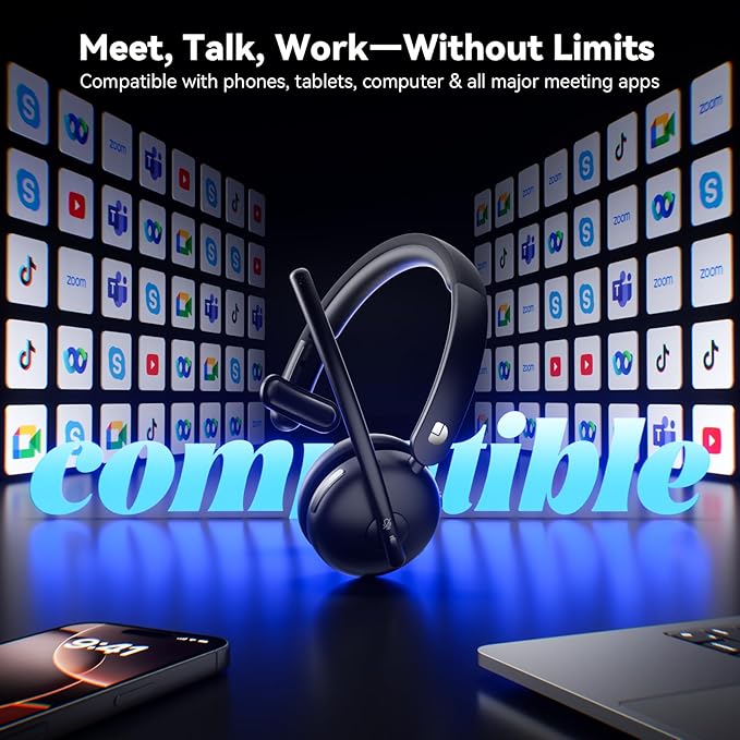 Wireless Headset with Mic for Work, Wireless Headset with Microphone (Noise Cancelling), Smart Mult-Func Dock, 65H Worktime&Fast Charge Bluetooth Headphones for Work/PC/Computer/Call Center/Teams/Zoom