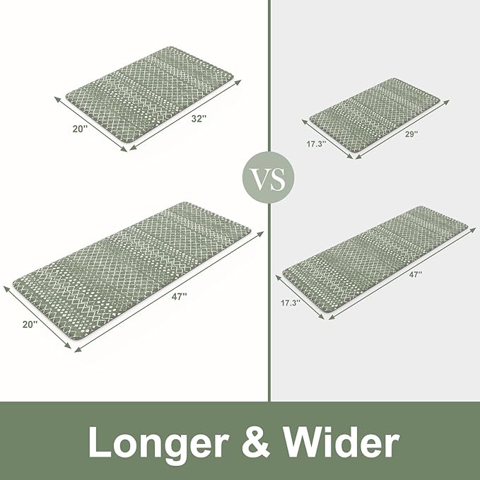 KIMODE Kitchen Anti Fatigue Mats, Green Farmhouse Kitchen Rugs Sets of 2, Memory Foam Kitchen Mats for Floor, Waterproof Standing Mat for Sink Laundry Office Desk 20"x47"+20"x32"