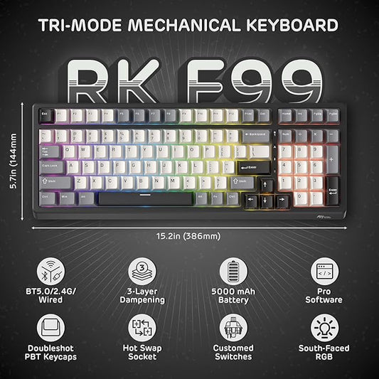 RK ROYAL KLUDGE F99 Wireless Mechanical Keyboard with Numper Pad, Tri-Mode Hot Swappable 95%100 Keys Gaming Keyboard BT/2.4G/USB-C, Pro Software, 5000mAh Battery, Customed Silent Switches