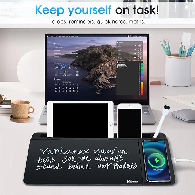 Varhomax Glass Desk Whiteboard Black with Wireless Charger, Desktop Dry Erase White Board with Storage,to Do List Memo Notepad for Home and Office