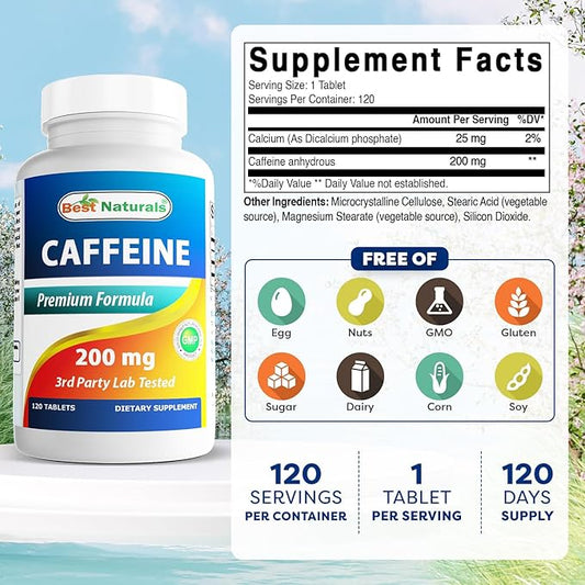 Best Naturals Caffeine Pills 200mg, 120 Count