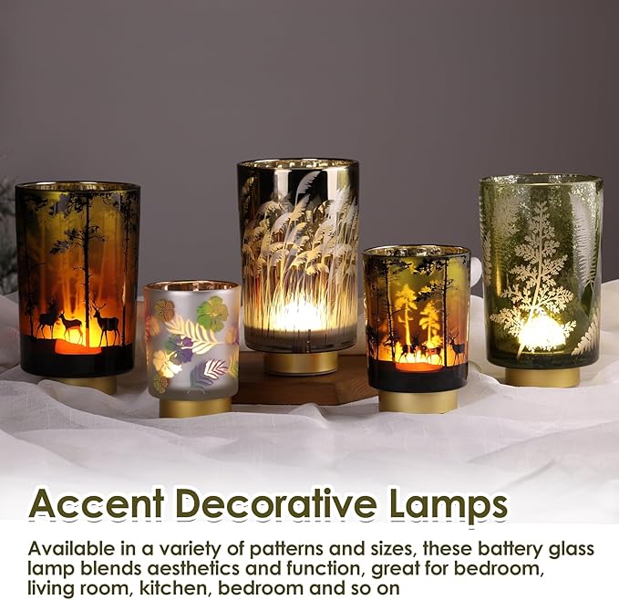 Eywamage Battery Operated Glass Table Lamp, Boho Green Ferns Leaves Mood Light with Remote, Cordless Bedside Accent Lamp Room Decor