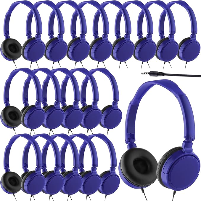 Yunsailing 18 Pack Classroom Headphones Bulk Student Wired Class Headphones Set for Kids School with Individually Wrapped Adjustable Over Ear Head Earbuds(Navy Blue)