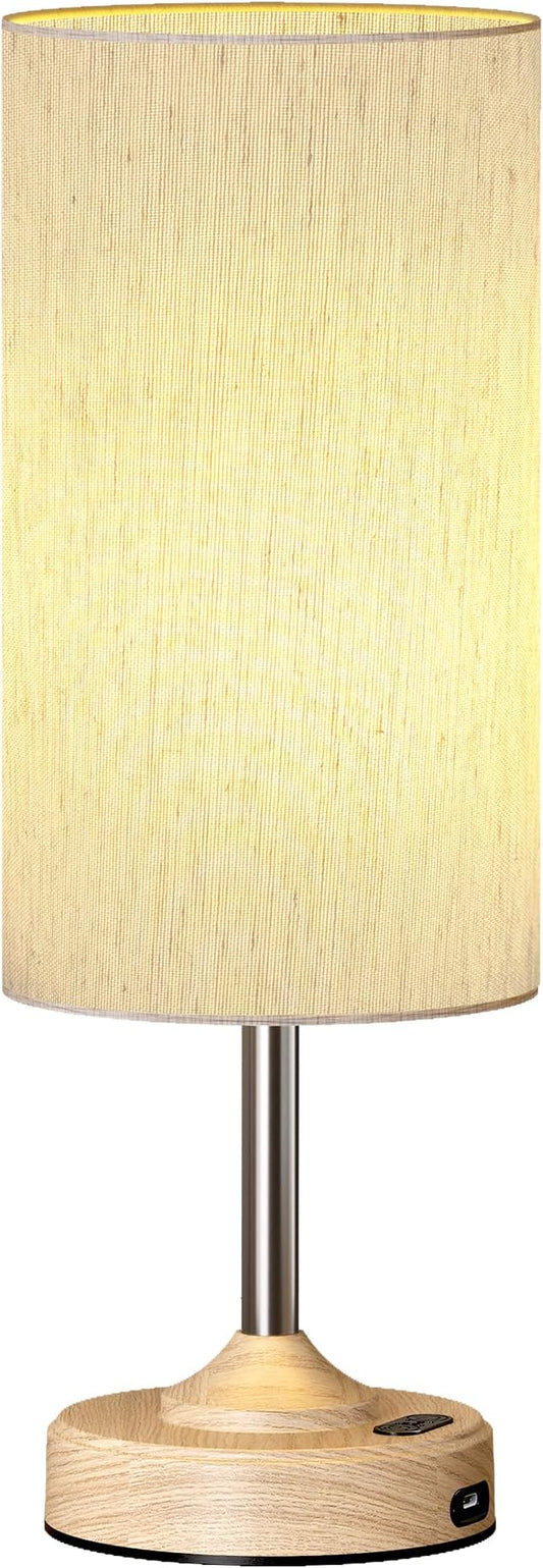 Bedside Table Lamp, Cordless, Dimmable, Touch, Timer, 2700K, Bedroom, Portable, LED, Wireless, Rechargeable, Battery Operated, Desk Lamp, Fabric Shade, Wood-Grain Finish, Living Room, Dining Room
