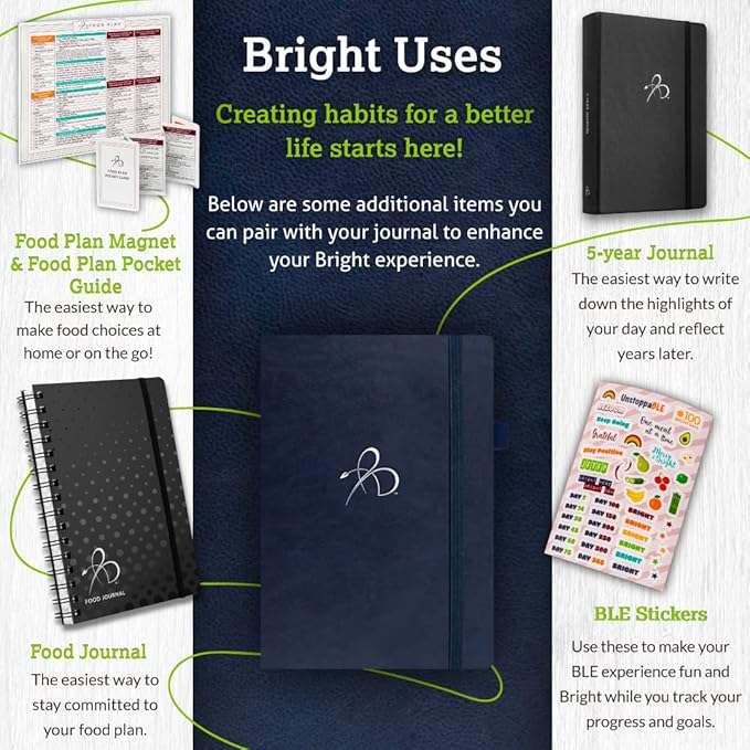 Bright Line Eating Line Journal Notebook, Vegan Leather Journal w/Lay-Flat Binding, Indigo Notebook Journal for Women & Men, Writing Journal, Food Journal, Travel Journal, Fitness Journal w/Stickers