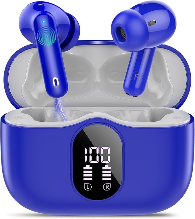 Wireless Earbuds, Bluetooth 5.4 Headphones Bass Stereo, Ear Buds with Noise Cancelling Mic, IP7 Waterproof in Ear Earphones, 36H LED Display Bluetooth Earbuds for Laptop Pad Phones Sports, Blue