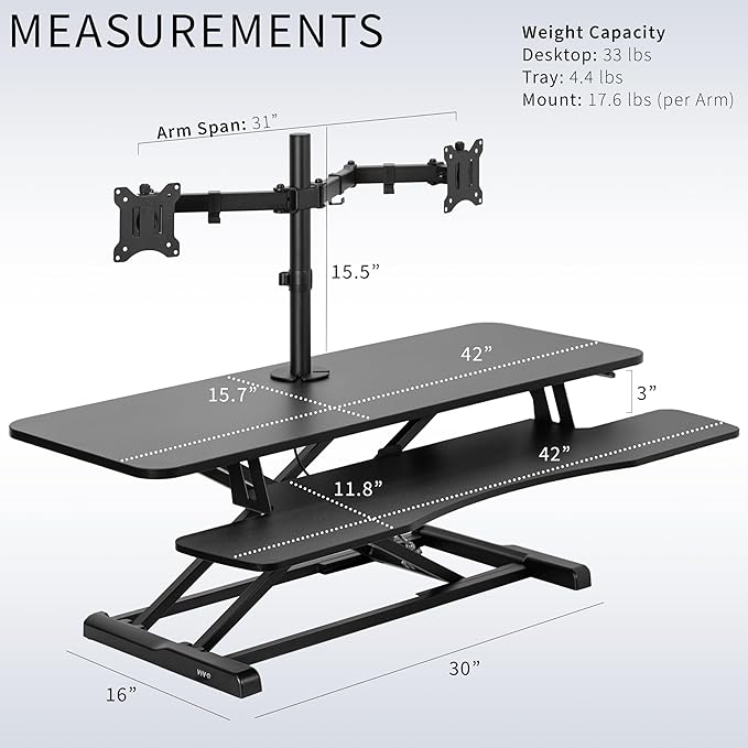 VIVO Height Adjustable 42 inch Standing Desk Converter with Dual 13 to 30 inch Monitor Stand, Sit Stand Monitor Mount and Desk Riser, Black, DESK-V042KB-M2