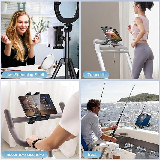 OHLPRO Treadmill Tablet Holder for iPad Mic Stand Mount, Bicycle Handlebar Clamp for Microphone Peloton Exercise Spin Bike Stroller for 5-13” iPad Pro 12.9 Air Mini, Galaxy Tab, iPhone, Fire HD 10