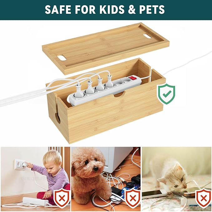 Bamboo Cable Management Box, Medium Cord Organizer Box Cable Box to Hide Wires & Power Strips for Desktop Storage Cord Holder for Office Home,No Assembley Required