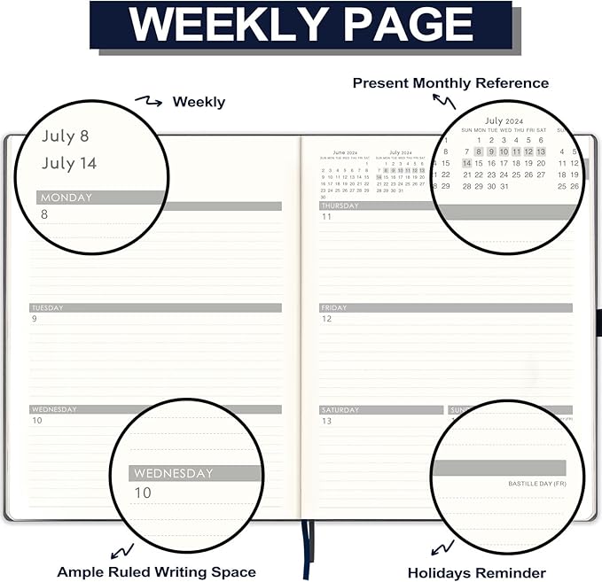 2024-2025 Planner - 2025 Planner Weekly and Monthly, Jul. 2024 - Jun. 2025, 8.5" x 11", Leather Cover Planner with Thick Paper, Back Pocket with Notes Pages - Grey