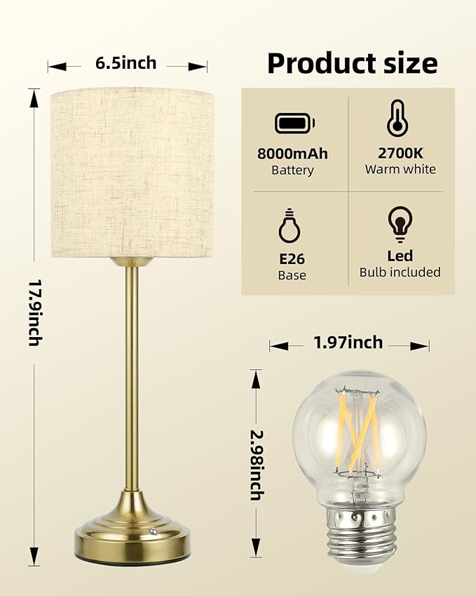 Cordless Table Lamp, 8000mAh Battery Operated Lamp with Stepless Dimming, 2700K LED Rechargeable Desk Lamp, Portable Touch Control Wireless Lamp for Kitchen, Dining Room, Bedroom, Living Room, Dorm