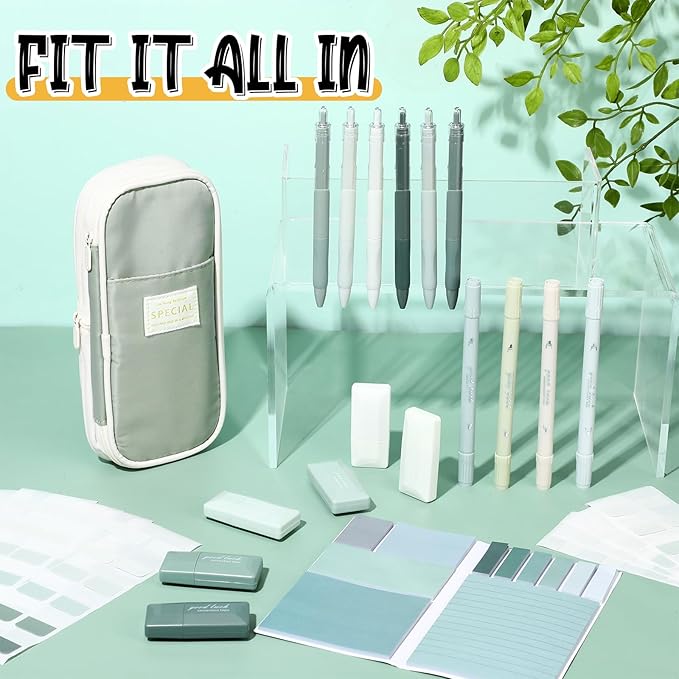 Janlaugh 38 Pcs Aesthetic College School Supplies with Pen Case Sticky Notes Gel Pens Highlighters Correction Tapes Back to School Stationery Kit(Green Color,Classic)