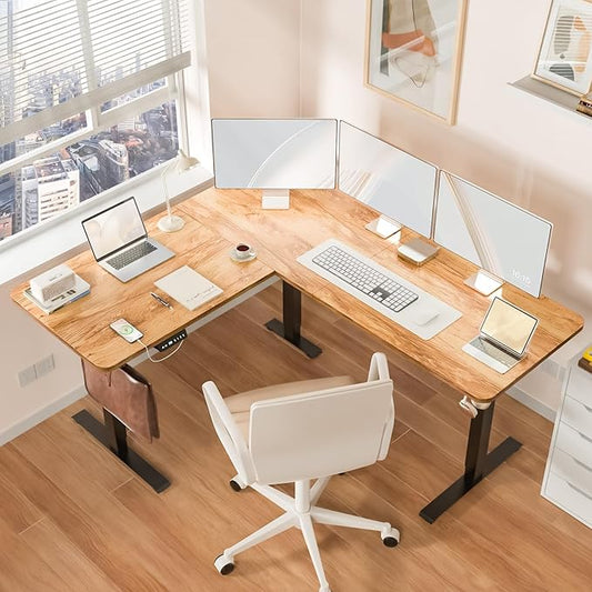 63 x 55 inch L Shaped Standing Desk, Corner Computer Desk, Electric Adjustable Height Stand Up Table, L Sit Stand Desk for Home Office Gaming, Light Brown