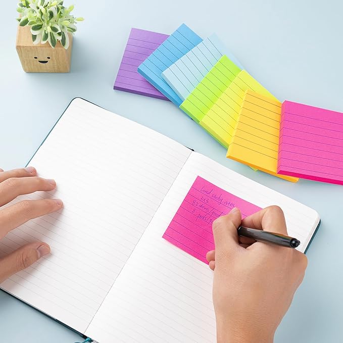 Lined Sticky Notes 3x3 in Bright Ruled Stickies Colorful Super Sticking Power Memo Pads, 82 Sheets/pad, 8 Pads/Pack