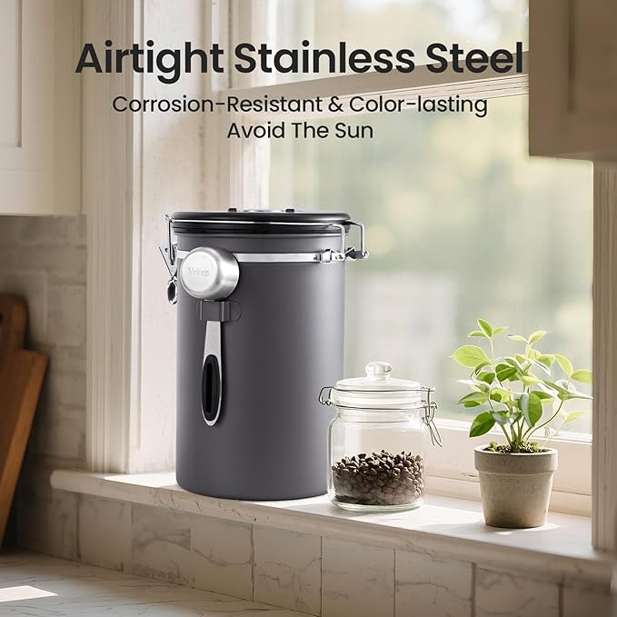 Veken Coffee Canister, 39OZ Large, Airtight Stainless Steel Food Storage Container for 2.2lbs Coffee Beans, Ground, Sugar, Tea, Flour, Cereal, Kitchen Bar Accessories with Date Tracker & Scoop, Gray