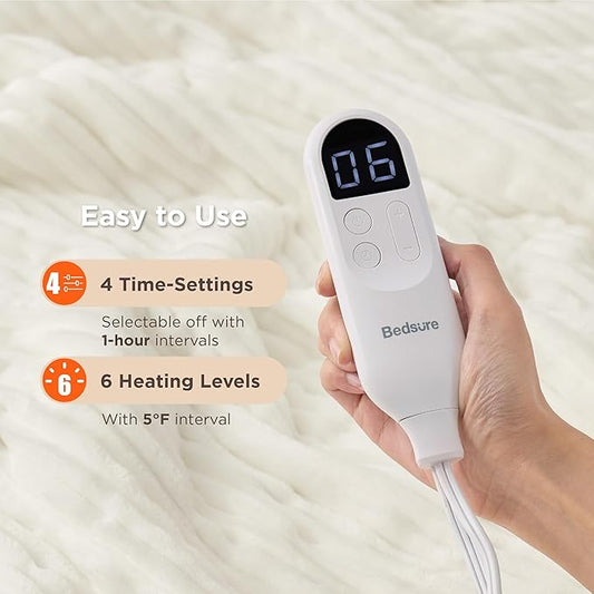 Bedsure GentleSoft Heated Blanket Electric Throw - Soft Ribbed Flannel Electric Blanket, Heating with 4 Time Settings, 6 Heat Settings, and 3 hrs Timer Auto Shut Off (50x60 inches, Coconut White)