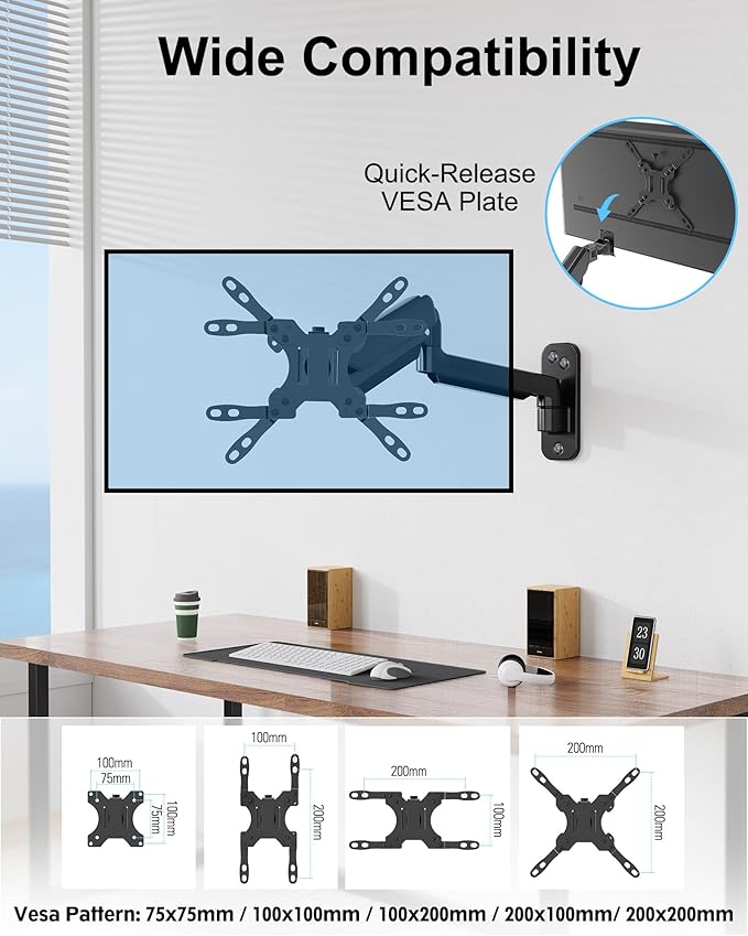 Monitor Wall Mount Fits Max 35 Inch/26.4lbs Computer Screen, Ultrawide Premium Single Arm, Full Motion Gas Spring Wall Monitor Mount with VESA Extension Kit for Max VESA 200x200mm