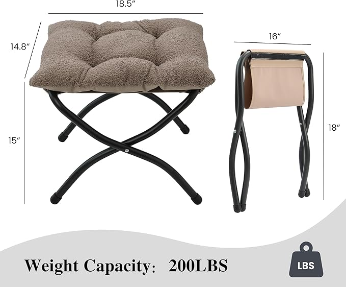 15"(H) Folding Ottoman, Foldable Footrest Stool, Portable Small Foot Stool for Couch, Collapsible Foot Rest Ottoman for Sofa, Padded Ottomans for Home, Living Room, Bedroom, Light Brown