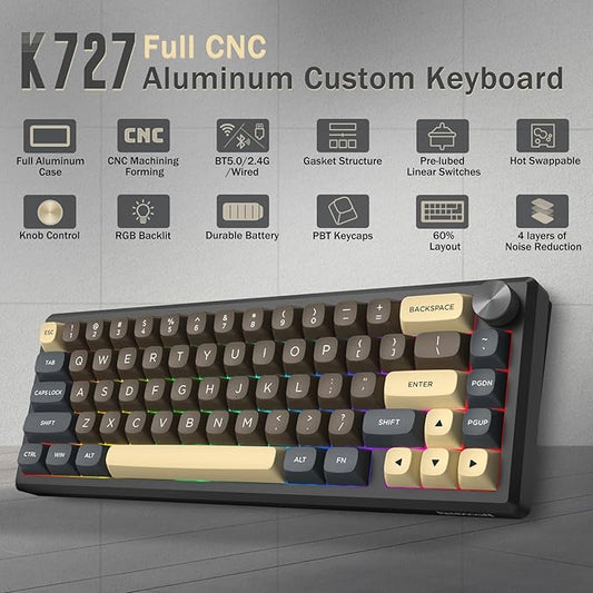 Redragon 60% Wireless Mechanical Gaming Keyboard, Full Aluminum Shell, Bluetooth/2.4GHz/USB-C, Hot Swappable Pre-lubed Linear Switches, Gasket Structure, Creamy Sound, Metal Knob, RGB Light