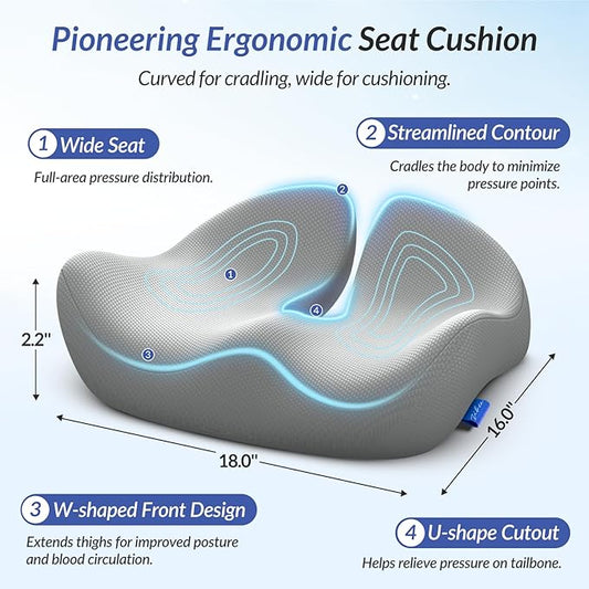 ZIKEE Pioneering Seat Cushion for Pressure Relief, Ergonomic Office Chair Cushion for Sciatica, Back, Hemorrhoids & Tailbone Pain Relief, High-Density Memory Foam Car Seat Cushion with Anti-Slip Base