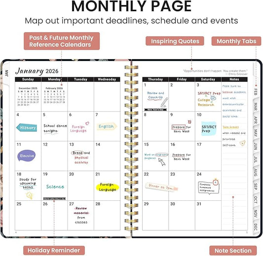 2026 Planner, Monthly and Weekly Calendar Planner for Women, January 2026 - December 2026, Hardcover Pretty 2026 Agenda Planner Book with Tabs, Spiral Bound, Perfect for School Office Home Supplies, 6.3" x 8.5" - Evening Petals