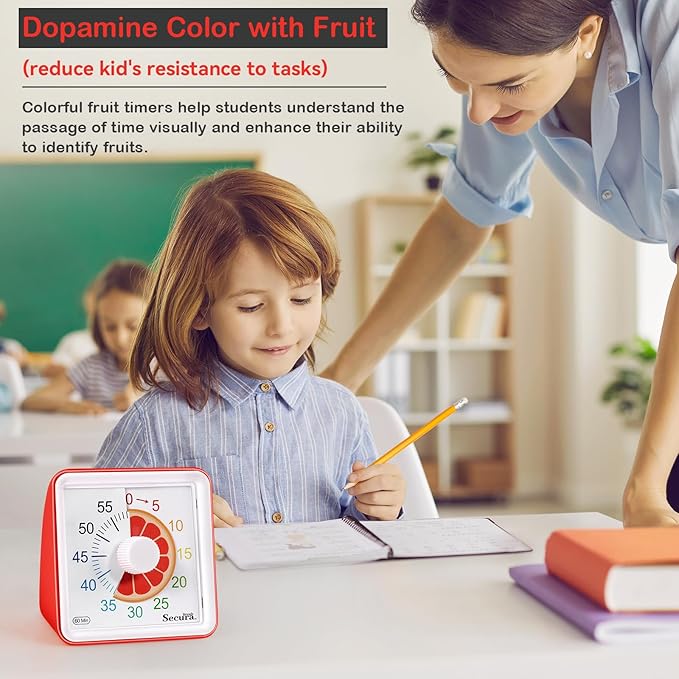 Secura 60-Minute Visual Countdown Timer for Kids & Adults, Classroom Time Management Tool (Red)