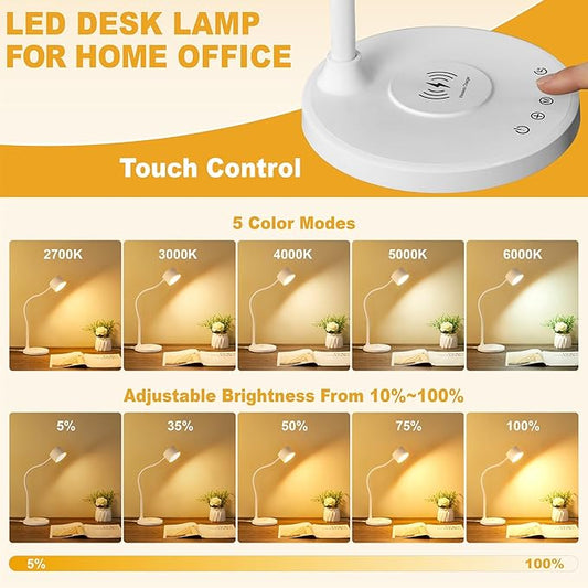 KAiSnova Desk Lamp for Office Home, Gooseneck Desk Lamp with Wireless Charger, Touch Table Lamp with USB C+A Charging Ports, 5 Colors Dimmable Bedside Reading Lamp for College Dorm Room White