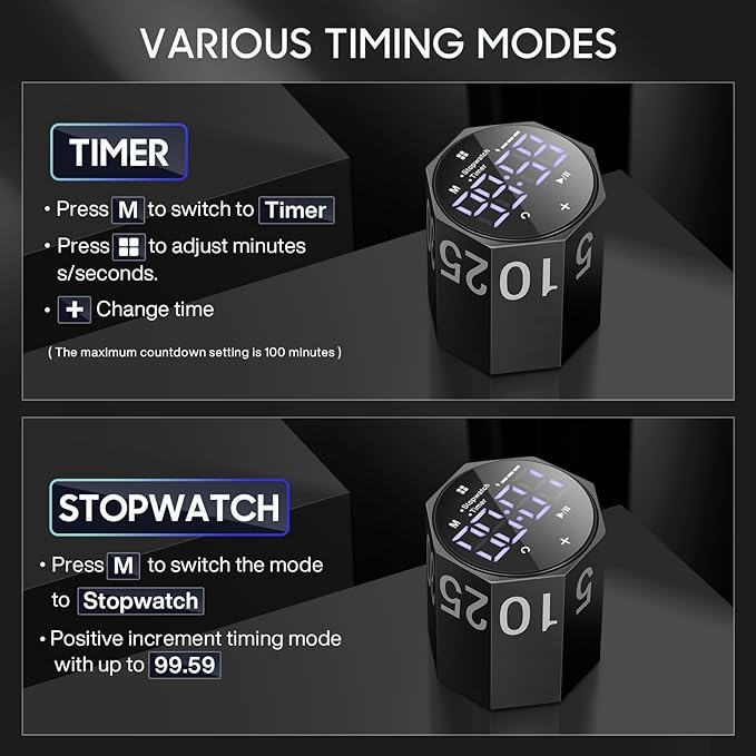 MIAOKE Pomodoro Timer-Aluminum Alloy Frosted Metal LED Large Screen Digital Automatically Rotated Display, Focus Efficient Management on Work and Study, Office, Living Room-Black