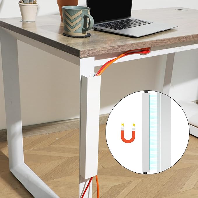 Blulu 2 Pack White Steel Magnetic 14 Inch Cable Management Channel for Under Desk Leg Vertical Wire Hider Cover Desk Cable Organizer No Drill Cord Organizer Cord Hider Management for Home Office