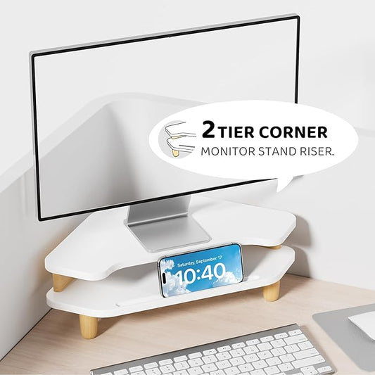 Monitor Stand Riser,2 Tier Corner Wood Monitor Stand Sturdy Computer Stand Multi-Purpose Desktop Storage Stand for Laptop,PC,iMac,Printer,Computer,White