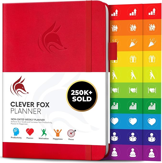 Clever Fox Planner – Undated Weekly & Monthly Planner for Productivity, Time Management & Goals – Organizer Journal – A5 (Red)