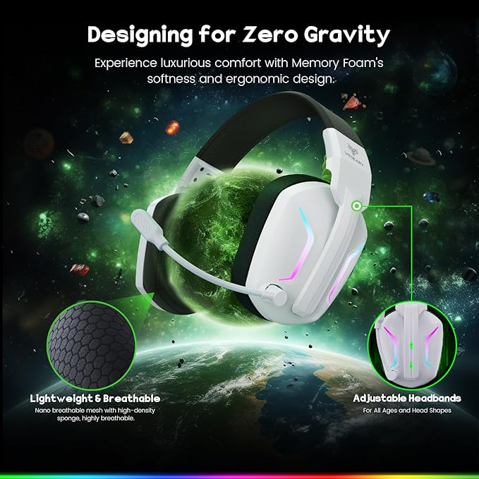 Wireless Gaming Headsets for PC, PS5, PS4, Switch, Mac, 2.4GHz Wireless Gaming Headphone for Game Boy Accessories, ENC Noise Canceling Microphone, Bluetooth 5.4, Cool Lighting, 50H Battery