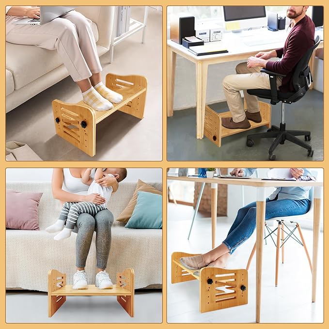 Myplace Bamboo Adjustable Under Desk Footrest, Ergonomic Foot Rest with 7-Level Adjust at Work, Slanted Foot Stool for Home Office Kitchen Bedroom (Burlywood)