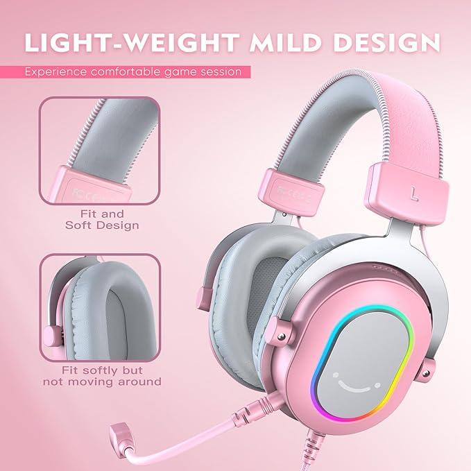 FIFINE PC Gaming Headset, USB Wired Headset with Microphone, 7.1 Surround Sound, in-Line Control, Computer RGB Over-Ear Headphones for PS4/PS5, for Streaming/Game Voice/Video-AmpliGame H6 (Pink)