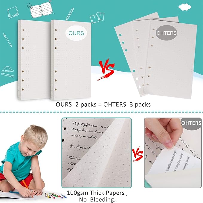 A6 Refill Paper, 320 Pages A6 Loose Leaf Paper 6 Hole Notebook Refills for 6 Ring Refillable Binder Notebook Planner Diary Journals Painting Personal Organiser-Dotted Pages