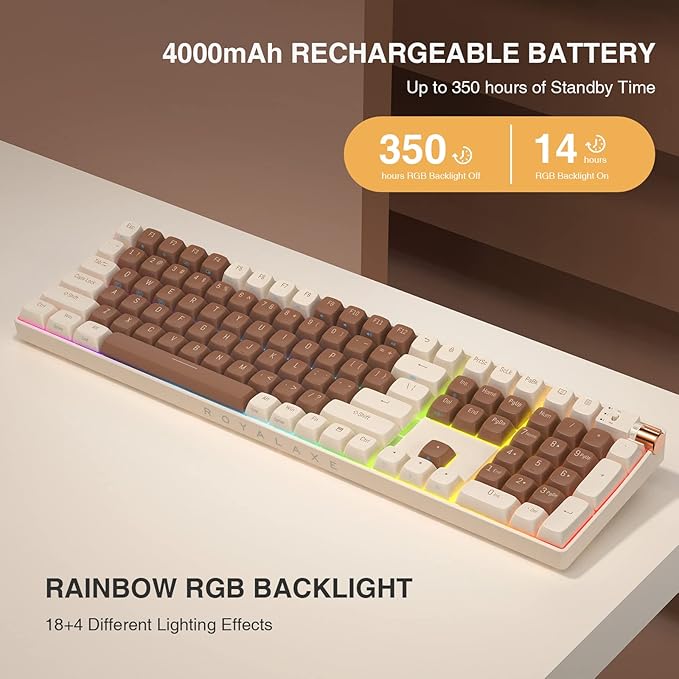 R108 Wireless Mechanical Keyboard, G Pro 3.0 Yellow Switch, Hot Swappable Wired/Bluetooth/2.4G Wireless Keyboard with RGB Light for Windows & Mac, PBT Keycaps, Lava Brown