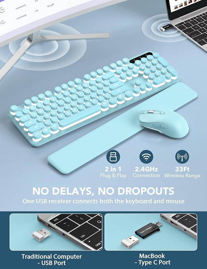 Wireless Keyboard and Mouse Backlit - Typewriter Keyboard with Retro Round Keycaps, Detachable Wrist Rest, Light Up Letters, 2.4G Rechargeable Combo for Mac, Windows, PC, Laptop, Trueque (Aqua Blue)