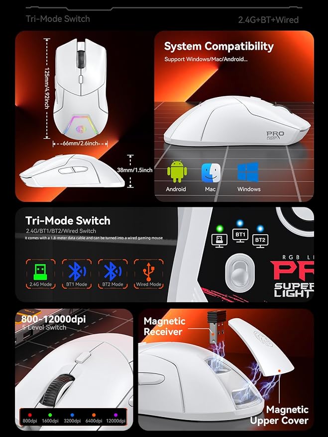 White Wireless Gaming Mouse, Tri Mode (2.4G/Bluetooth/Wired), PAW3311 Sensor, 12,000 DPI, 1,000Hz, 6 Programmable Buttons, USB C Rechargeable, Ergonomic Gamers Optical Mice for PC/Laptop/Mac
