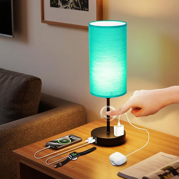 Table Lamp with USB Port - Desk Lamp, Green Touch Lamp, Bedside Lamps, 3 Way Dimmable Small Lamps for Bedroom, Nightstand, Nursery, Dorm, Home, Office, Black Base+ Green Lampshade