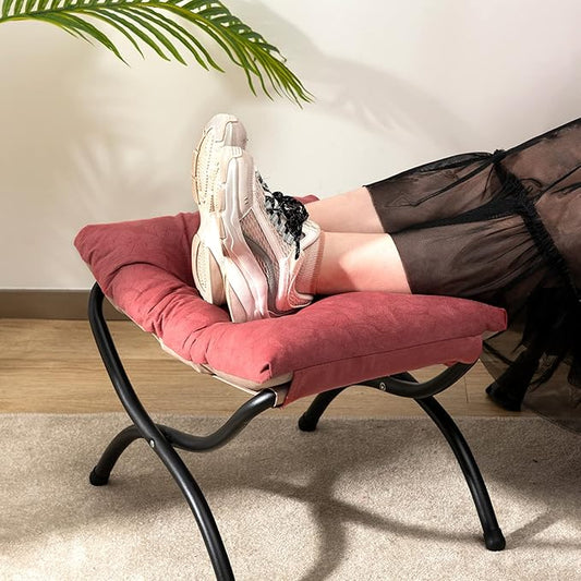 AbocoFur 15"(H) Folding Footrest Stool, Accent Padded Sofa Foot Stool for Lazy Chair, Upholstered Small Foldable Ottoman, Metal Frame Portable Foot Rest Ottoman for Living Room, Bedroom, Brick Red