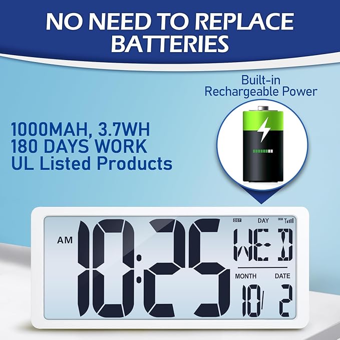 (6" Numbers) Display Built-in Rechargeable Power 18.44" Atomic Wall Clock -Night Display-Never Needs Setting!-Easy to Read Numbers-Never Need Replace Battery