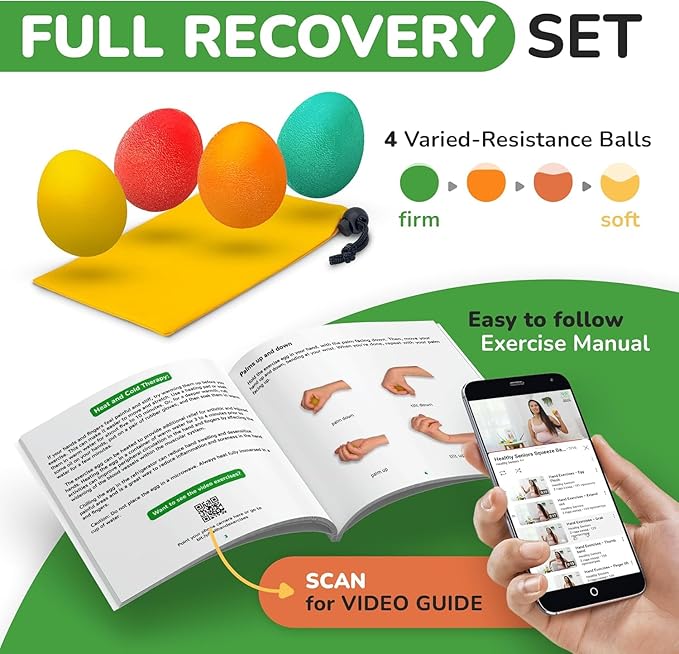 Squeeze Balls for Hand Therapy - Set of 4-Hand Exercise Balls for Arthritis & Carpal Tunnel - Stress Ball for Adults Therapy with Printed Guide Book and Videos