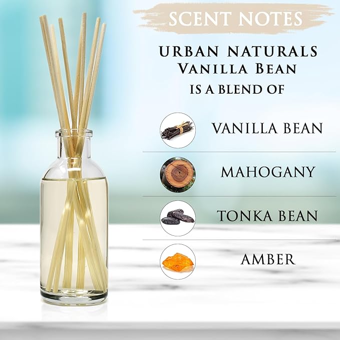 Urban Naturals Vanilla Bean Scented Oil Reed Diffuser Gift Set | Vanilla Cream, Amber & Sweet Tonka Bean | Made in The USA