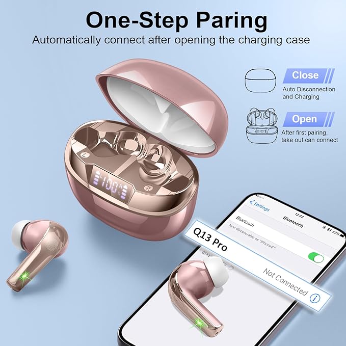 Wireless Earbuds, Bluetooth 5.4 Headphones in Ear, Mini Bluetooth Earbuds HiFi Stereo Deep Bass with 4 ENC Noise Cancelling Mic, Wireless Ear Buds 47H Long Playtime LED IP7 Waterproof USB-C(Rose Gold)
