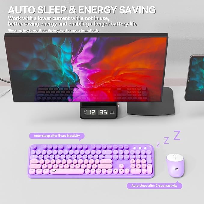 Wireless Keyboards Mouse Combos, Colorful Cute Typewriter Full-Size Retro Creamy Keyboard, 2.4GHz Sleep Mode Office Quiet Wireless Keyboard and Mouse Set for Desktop Laptop PC Computer(Purple)