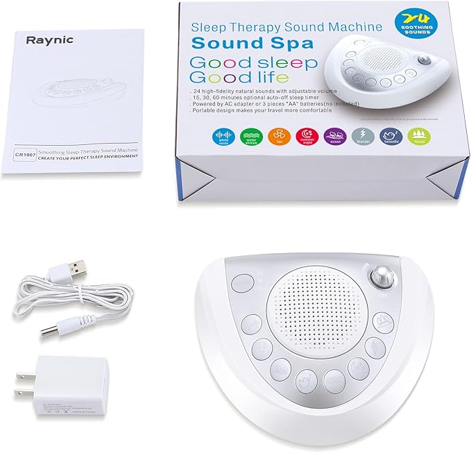 Raynic White Noise Machine, Battery Powered Sound Machine, Portable Sleep Machine with 24 Natural Soothing Sounds, Timer, USB Port, Headphone Jack for Baby, Kids, Adults, Travel, Office, Home (Silver)