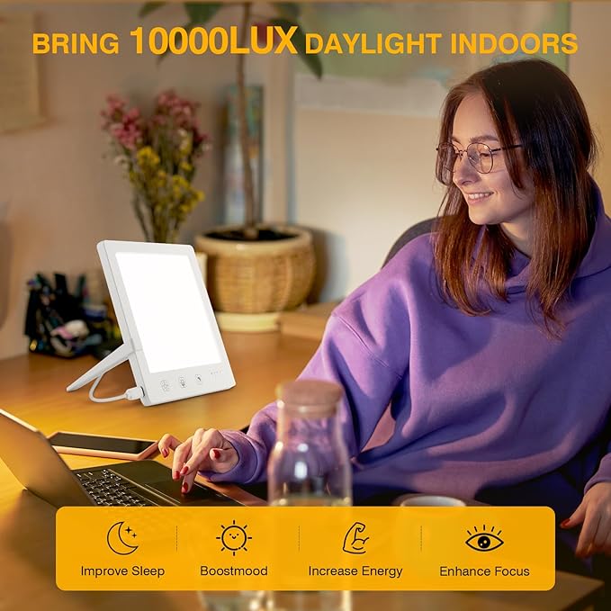 Light Therapy Lamp with Red & White Light - 10,000 Lux LED Sun Light Therapy Lamp for Face, Energy, Sleep & Skin Care, 4 Adjustable Modes & 5 Brightness Levels, Timer Function, UV-Free with Power Bank