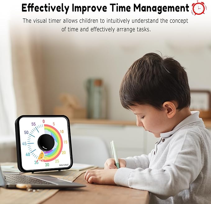 Secura 60-Minute Visual Timer, 7.5 Inch Magnetic Rainbow Countdown Timer for Classroom or Kitchen, Durable Mechanical Timer Clock with Magnetic Backing (Black & Sun)